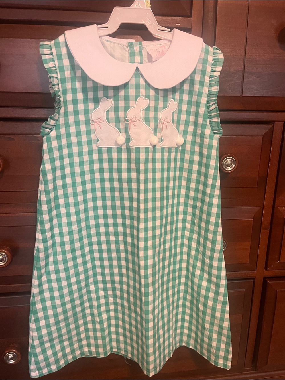 Girls' Green Gingham Peter Pan Dress with Bunny Appliqués